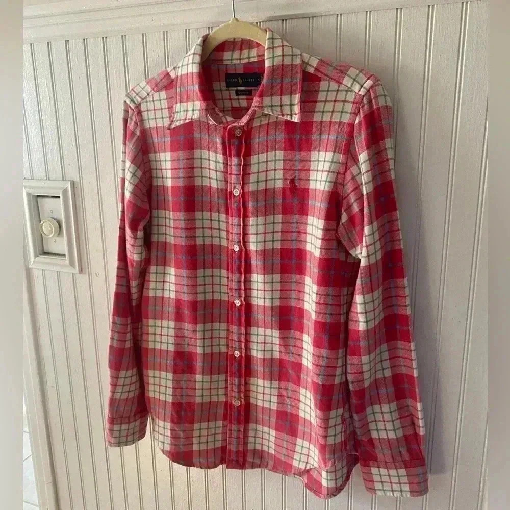 Ralph Lauren 100% Cotton Plaid Button Up Long Sleeved Classic Fit Blouse